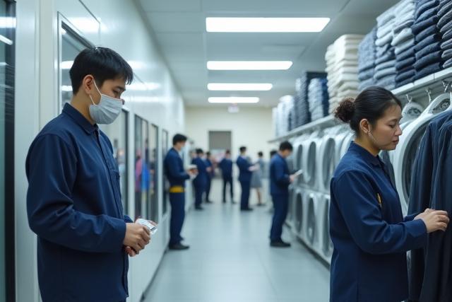 シルクルート・クリーナーズの熟練したチームが、最新の設備を備えた清潔な工房で丁寧に衣類を扱っている様子。