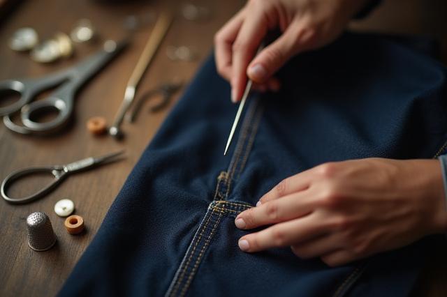 裁縫道具と修理中のデニム製品のクローズアップ